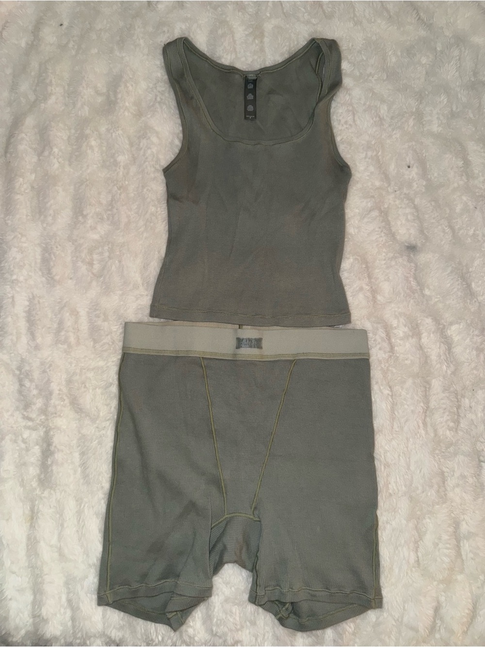 SKIMS Olive Green Ribbed Tank and Boxer Short Set